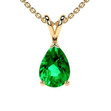 Lab Grown Emerald Pear Solitaire 14 KT Yellow Gold Pendant