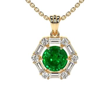 Lab Grown Emerald Prong Round And Straight Baguette Diamonds Halo 14 KT Yellow Gold Pendant