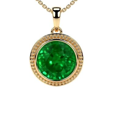 Lab Grown Emerald Round Bezel Set Solitaire 14 KT Yellow Gold Pendant