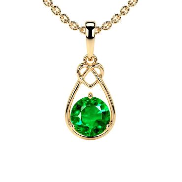 Lab Grown Emerald Round Solitaire Heart Knot 14 KT Yellow Gold Pendant