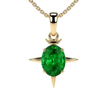 Lab Grown Emerald Round Prong Set Solitaire 14 KT Yellow Gold Pendant