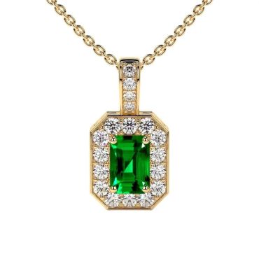 Lab Grown Emerald Emerald Cut Classic Halo 14 KT Yellow Gold Pendant