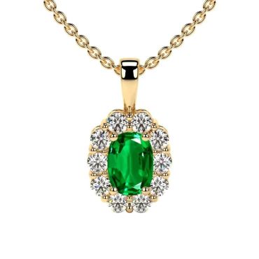 Lab Grown Emerald Elongated Cushion Halo 14 KT Yellow Gold Pendant