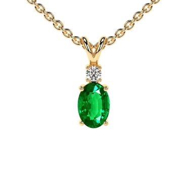 Lab Grown Emerald Oval Cut 14 KT Yellow Gold Pendant with Round Diamond