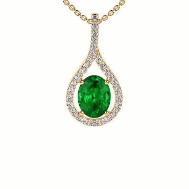 Lab Grown Emerald Oval Round Diamond 14 KT Yellow Gold Pendant