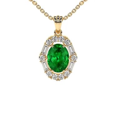 Lab Grown Emerald Round And Straight Baguette Diamonds Halo 14 KT Yellow Gold Pendant