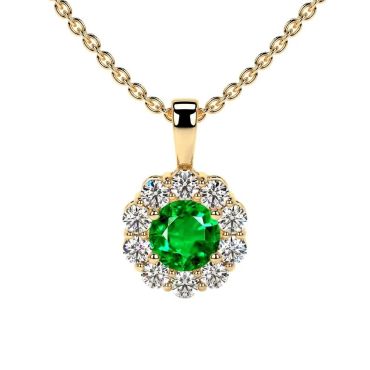 Lab Grown Emerald Round Halo Pendant 14 KT Yellow Gold