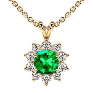 Lab Grown Emerald Square Cushion Halo Diana 14 KT Yellow Gold Pendant