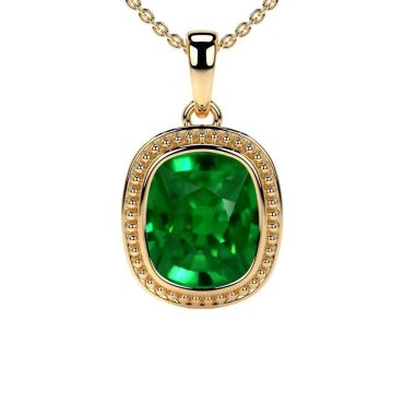 Lab Grown Emerald Rect. Cushion Bezel Set Solitaire 14 KT Yellow Gold Pendant
