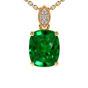 Lab Grown Emerald Rect. Cushion Round Diamonds 14 KT Yellow Gold Pendant