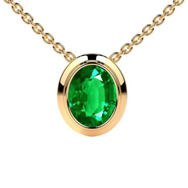 Lab Grown Emerald Oval Cut Solitaire Bezel 14 KT Yellow Gold Pendant
