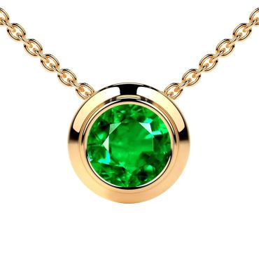 Lab Grown Emerald Round Solitaire Bezel 14 KT Yellow Gold Pendant