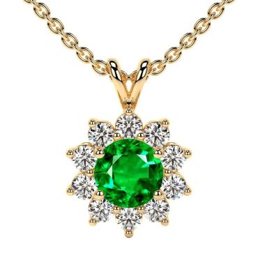 Lab Grown Emerald Round Halo Diana 14 KT Yellow Gold Pendant