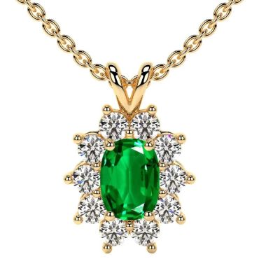 Lab Grown Emerald Elongated Cushion Halo Diana 14 KT Yellow Gold Pendant