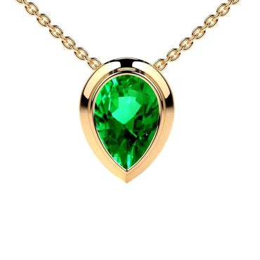 Lab Grown Emerald Pear Solitaire Bezel 14 KT Yellow Gold Pendant