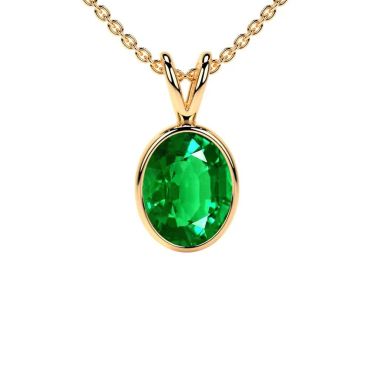 Lab Grown Emerald Oval Cut Solitaire Classic Bezel 14 KT Yellow Gold Pendant