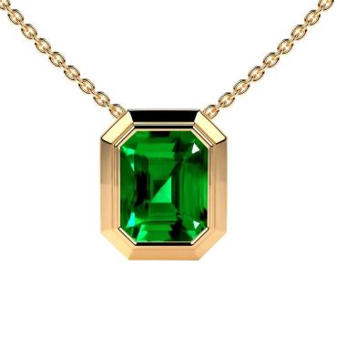 Lab Grown Emerald Emerald Cut Solitaire Bezel 14 KT Yellow Gold Pendant