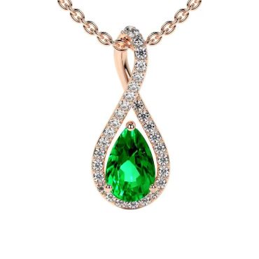 Lab Grown Emerald Pear Twist 14 KT Rose Gold Pendant with Diamonds