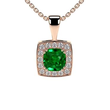 Lab Grown Emerald Square Cushion Cut 14 KT Rose Gold Pendant With Round Diamonds