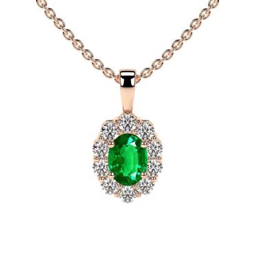 Lab Grown Emerald Oval Cut Halo 14 KT Rose Gold Pendant