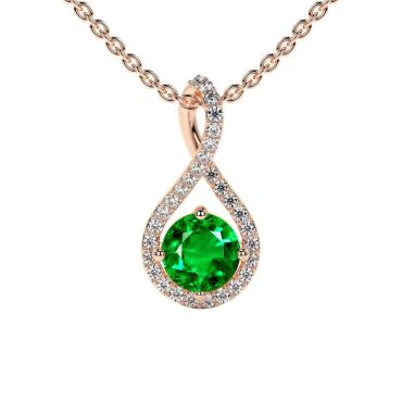 Lab Grown Emerald Round Twist 14 KT Rose Gold Pendant with Diamonds