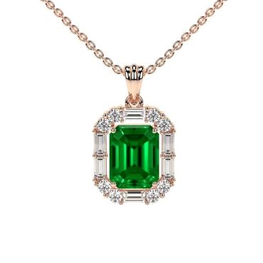 Lab Grown Emerald Prong Set Round And Straight Baguette Diamonds Halo 14 KT Rose Gold Pendant