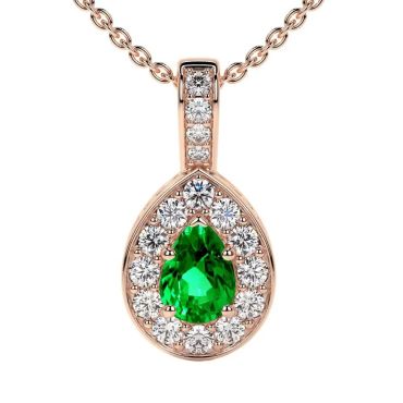Lab Grown Emerald Pear Classic Halo 14 KT Rose Gold Pendant