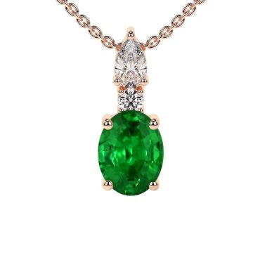 Lab Grown Emerald Oval Cut With Round And Pear Diamond 14 KT Rose Gold Pendant