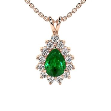 Lab Grown Emerald Pear Shape 14 KT Rose Gold Pendant With Round Diamonds