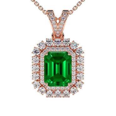 Lab Grown Emerald Cut Round Diamonds Emerald 14 KT Rose Gold Pendant