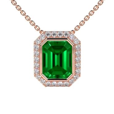 Lab Grown Emerald Cut Bezel Set Round Diamonds 14 KT Rose Gold Pendant