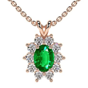 Lab Grown Emerald Oval Cut Halo Diana 14 KT Rose Gold Pendant