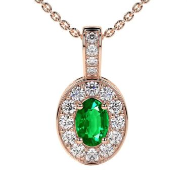 Lab Grown Emerald Oval Cut Classic Halo 14 KT Rose Gold Pendant