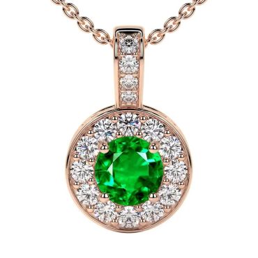 Lab Grown Emerald Round Classic Halo 14 KT Rose Gold Pendant