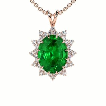 Lab Grown Emerald Oval Prong Set Round Diamonds 14 KT Rose Gold Pendant