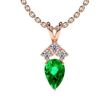 Lab Grown Emerald Pear 14 KT Rose Gold Pendant with Three Round Diamonds