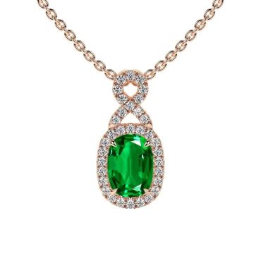 Lab Grown Emerald Elongated Cushion Twist Halo 14 KT Rose Gold Pendant