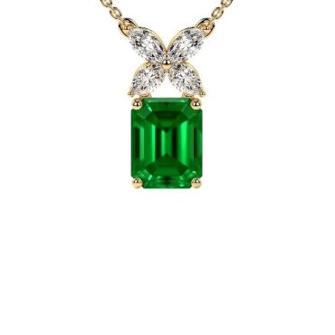 Lab Grown Emerald Elongated Cushion 14 KT Rose Gold Pendant with Round Diamond