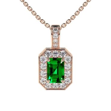 Lab Grown Emerald Emerald Cut Classic Halo 14 KT Rose Gold Pendant