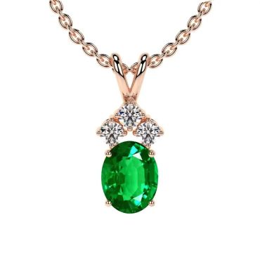 Lab Grown Emerald Oval Cut 14 KT Rose GoldPendant with Three Round Diamonds