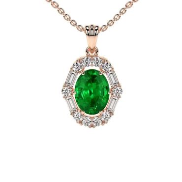 Lab Grown Emerald Round Prong Set  Straight Baguette Diamonds Halo 14 KT Rose Gold Pendant