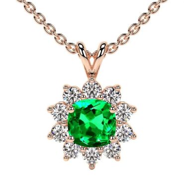 Lab Grown Emerald Square Cushion Halo Diana 14 KT Rose Gold Pendant
