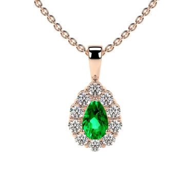 Lab Grown Emerald Pear Halo 14 KT Rose Gold Pendant