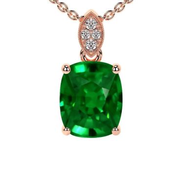 Lab Grown Emerald Round Rect. Cushion Diamonds 14 KT Rose Gold Pendant