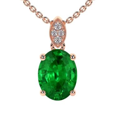 Lab Grown Round Diamonds Oval Emerald 14 KT Rose Gold Pendant