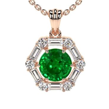 Lab Grown Round And Straight Baguette Diamond Halo Emerald 14 KT Rose Gold Pendant