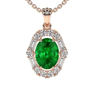 Lab Grown Prong Set Round And Straight Baguette Diamonds Halo Emerald 14 KT Rose Gold Pendant