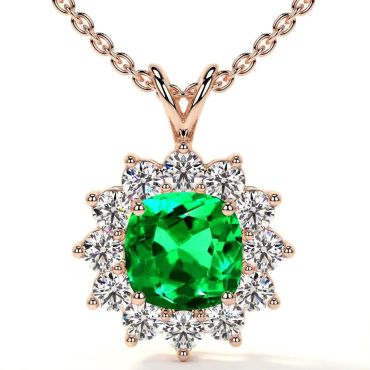 Lab Grown Round Shape Emerald 14 KT Rose Gold Pendant With Diamonds
