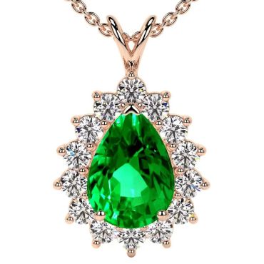 Lab Grown Pear Shape Emerald 14 KT Rose Gold Pendant With Diamonds