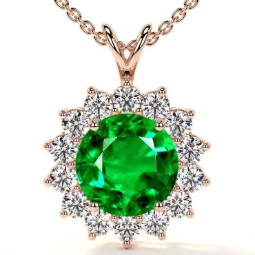 Lab Grown Round Shape Emerald Prong Set 14 KT Rose Gold Pendant With Diamonds